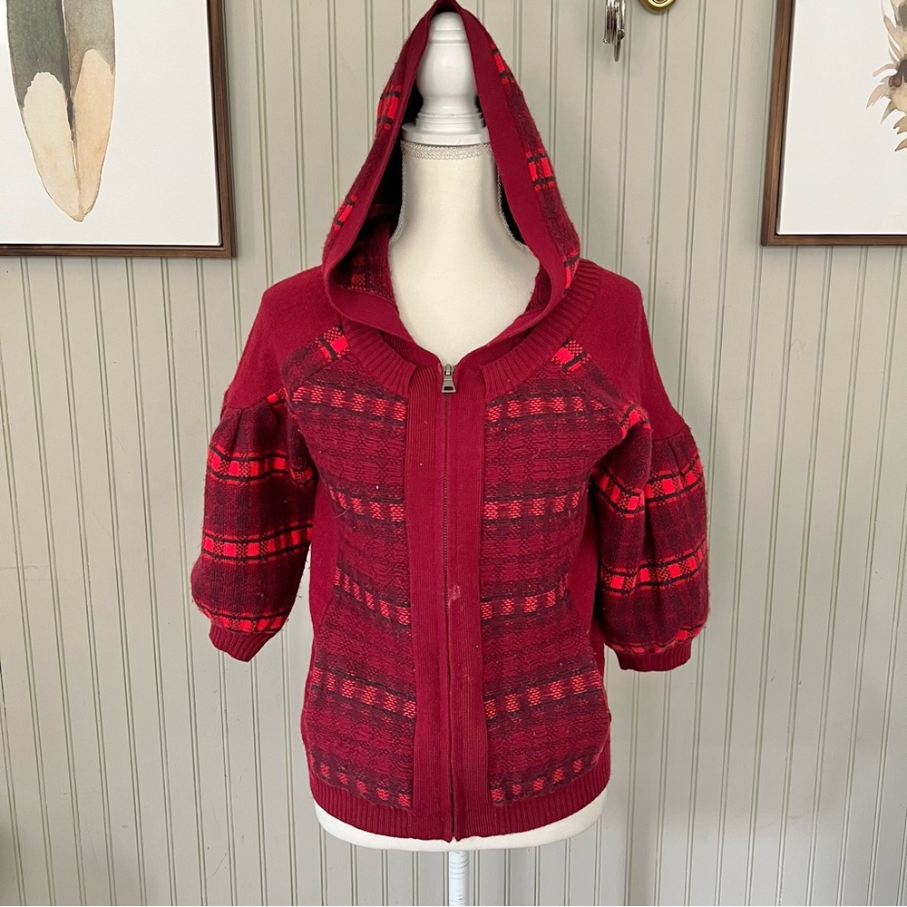 Juicy Coture Vintage Y2K Cranberry Red Buffalo Plaid Wool Hooded Knit Cardigan